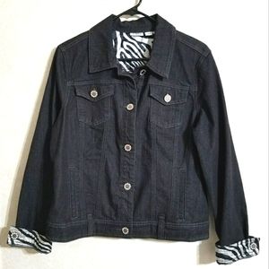 SZ L CATO BLACK DENIM JACKET BLING ZEBRA PRINT CUFFS